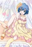  bed_sheet blue_eyes blue_hair blush breasts canopy_bed cleavage dress elbow_gloves flower frills gathers gloves hair_flower hair_ornament heart kneehighs kurimomo light_particles lolita_fashion mary_janes persona persona_4 ribbon ruffles sheets shirogane_naoto shoes short_hair socks sweet_lolita thighhighs yellow_legwear 