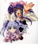 blue_hair bow cherry_blossoms from_above gotou_keiji hair_bow hands highres hoshino_ruri japanese_clothes kidou_senkan_nadesico kimono long_hair misumaru_yurika outstretched_arm outstretched_hand purple_hair reaching ribbon sandals smile tabi twintails yellow_eyes 