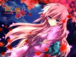  akahitoha autumn blue_eyes crossed_arms ichiyou_moka japanese_clothes kimono leaf leaves long_hair megurine_luka night night_sky pink_hair sky very_long_hair vocaloid wind 