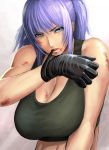  blood blue_eyes breasts cleavage gloves huge_breasts king_of_fighters kurohardt large_breasts leona_heidern long_hair mouth_hold ponytail purple_hair tank_top 