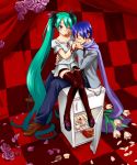  aqua_hair blue_hair blush cake checkered flower food frown hair_ribbon hand_kiss hatsune_miku ice_cream junji kaito kiss legs long_hair pastry petals refrigerator ribbon rose scarf shoes sitting skirt thigh-highs thighhighs twintails very_long_hair vocaloid world_is_mine_(vocaloid) zettai_ryouiki 