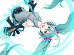  aqua_hair detached_sleeves hatsune_miku headphones headset jumping long_hair necktie saya_(pixiv606911) smile thigh-highs thighhighs twintails vocaloid zettai_ryouiki 