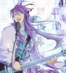  guitar headphones hxaxcxk instrument kamui_gakupo long_hair male microphone microphone_stand ponytail purple_hair vocaloid 