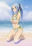  barefoot beach bikini blue_hair glasses green_eyes highres kneeling legs long_hair monica ponytail swimsuit zouni_(xavier) 