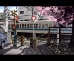  bad_id building car cherry_blossoms crossing gori_matsu motor_vehicle railroad_crossing sign stairs train tree vehicle 