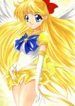  aino_minako bishoujo_senshi_sailor_moon blonde_hair blue_eyes bow choker earrings elbow_gloves gloves hair_bow jewelry long_hair magical_girl marker_(medium) orange_dress panties pantyshot sailor_venus super_sailor_venus_(stars) tiara traditional_media underwear very_long_hair wings yadokari_genpachirou 