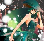 bad_id bare_shoulders breasts cleavage dress green_hair hat long_hair open_mouth original pink_eyes very_long_hair witch_hat 