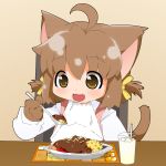  animal_ears bad_id bib brown_eyes brown_hair cat_ears cat_tail child curry drink fang food fur hair_ribbon lilith_lauda lillithlauda no_hat no_headwear open_mouth ribbon smile spoon straw tail tareme 