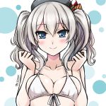  1girl arms_up bikini bikini_top blue_eyes blush breast_press breasts highres kantai_collection kashima_(kantai_collection) long_hair medium_breasts polka_dot polka_dot_background silver_hair smile swimsuit the-sinner tsurime twintails white_bikini 