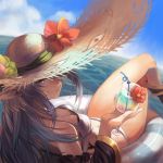  1girl bikini blue_eyes boots breasts cleavage clouds crossed_legs cup detached_sleeves drink drinking_glass earrings elf flower from_behind grey_hair hair_over_one_eye hat hat_flower highres holding innertube jewelry legs long_hair looking_back navel ocean original pointy_ears sitting sky small_breasts smile solo straw sun_hat swimsuit takemiya_09 waer white_bikini white_swimsuit 