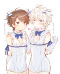  2boys aldnoah.zero blush cleavage_cutout cosplay crossdressinging dress dungeon_ni_deai_wo_motomeru_no_wa_machigatteiru_darou_ka gloves hestia_(danmachi) hestia_(danmachi)_(cosplay) kaizuka_inaho matching_outfit multiple_boys ne_co_neco otoko_no_ko rei_no_himo ribbon slaine_troyard white_dress white_gloves 