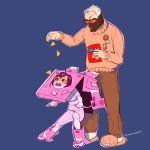  1boy 1girl acronym blue_background blush blush_stickers brown_pants bunny_print covered_mouth d.va_(overwatch) doritos face_mask goggles long_sleeves mask open_mouth overwatch pants pink_shirt pink_shorts ribbed_sweater scar scar_across_eye shirt shoes short_sleeves shorts simple_background slippers soldier:_76_(overwatch) sweatdrop sweater twitter_username visor white_hair younger 