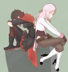 2girls boots brown_hair cape crossed_legs drill_hair gloves gothic_lolita groin head_on_knees high_heel_boots high_heels knee_boots lolita_fashion multiple_girls neo_(rwby) pants pink_eyes pink_hair ruby_rose rwby short_hair sketch smile tight tight_pants 