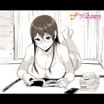  1girl book breasts cellphone cleavage copyright_name crossed_ankles glasses jpeg_artifacts large_breasts legs_up light_blush lying manga_(object) mole mole_under_eye monochrome on_floor on_stomach open_book phone reading sakuramachi_touko sasamori_tomoe smartphone solo succubus_stayed_life tank_top tatami window 