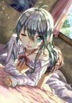  1girl antenna_hair aqua_eyes aqua_hair barefoot blush bow bowtie brown_skirt closed_mouth collarbone collared_shirt curtains day denpa_onna_to_seishun_otoko eyebrows eyebrows_visible_through_hair floral_print full_body hair_between_eyes highres indoors long_hair looking_at_viewer nose_blush off_shoulder one_eye_closed pleated_skirt poster_(object) red_bow red_bowtie school_uniform shirt skirt sleeves_past_wrists solo touwa_erio white_shirt window wing_collar zawaty 