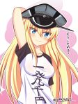  1girl alternate_costume arm_up bismarck_(kantai_collection) blonde_hair blue_eyes breasts closed_mouth clothes_writing commentary_request eyebrows eyebrows_visible_through_hair hat highres kantai_collection long_hair looking_at_viewer medium_breasts peaked_cap shirt solo t-shirt tamayan translated twitter_username upper_body 
