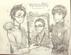  2boys animal axis_powers_hetalia bhumibol_adulyadej crossover elephant flower monochrome multiple_boys pai49 phichit_chulanont photo_(object) real_life sketch smile thai thailand_(hetalia) yuri!!!_on_ice 