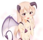 1girl bare_arms bare_shoulders bat_wings blonde_hair commentary_request demon_girl flat_chest horns long_hair looking_at_viewer nedia_r open_mouth original pink_eyes pubic_tattoo simple_background solo succubus tail tattoo white_background wings 