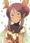  1girl ahagon_umiko aqua_eyes bird_wings blush brown_hair commentary_request cosplay dark_skin eyebrows eyebrows_visible_through_hair facial_mark feathers garuda_(granblue_fantasy) garuda_(granblue_fantasy)_(cosplay) granblue_fantasy hair_between_eyes hair_bun head_wings highres kurosawa_shouichi long_hair look-alike looking_at_viewer new_game! open_mouth silhouette solo sweatdrop thick_eyebrows upper_body wings 