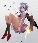  1girl alternate_costume arms_at_sides ascot bat bat_wings bent_knees black_legwear blue_hair closed_mouth dress from_side full_body houdukixx looking_to_the_side no_hat no_headwear puffy_sleeves red_eyes red_shoes remilia_scarlet shoes short_dress short_hair smile socks solo touhou white_dress wings wristband 