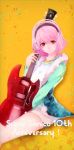  1girl alternate_hair_length alternate_hairstyle blush breasts electric_guitar guitar headphones highres instrument large_breasts looking_at_viewer nitroplus pink_eyes pink_hair red_eyes short_hair smile solo super_sonico tarbo_(exxxpiation) 