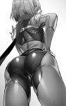  1girl akira_(natsumemo) ass bodysuit from_behind greyscale monochrome niijima_makoto persona persona_5 scarf shoulder_spikes solo spikes 