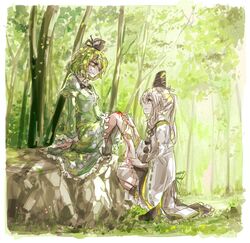  2girls barefoot blood dress forest green_dress hat injury japanese_clothes mononobe_no_futo multiple_girls nature ponytail rekka rock silver_hair sitting soga_no_tojiko squatting tate_eboshi touhou 