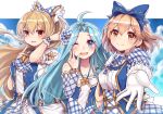  3girls :d ;d ahoge argyle bangs bare_shoulders blonde_hair blue_eyes blue_hair blue_ribbon blue_sky bow clouds collarbone cravat day detached_sleeves djeeta_(granblue_fantasy) empty_eyes eyebrows eyebrows_visible_through_hair gloves granblue_fantasy hair_between_eyes hair_bow hair_intakes hair_ribbon highres idol kimi_to_boku_no_mirai long_hair long_sleeves looking_at_viewer lyria_(granblue_fantasy) multiple_girls one_eye_closed open_mouth osiimi_(artist) outline ponytail puffy_short_sleeves puffy_sleeves red_eyes ribbon short_hair short_sleeves skirt sky smile superstar_(granblue_fantasy) upper_body very_long_hair vira white_gloves wrist_cuffs yellow_eyes 