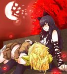  2girls bench black_hair blake_belladonna blonde_hair blush hand_on_another&#039;s_shoulder lap_pillow moon multiple_girls possumomo rwby sketch wife_and_wife yang_xiao_long yellow_eyes yuri 