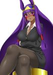  1girl alternate_costume black_legwear blush breast_hold breasts cleavage contemporary crossed_legs dark_skin earrings egyptian eyebrows eyebrows_visible_through_hair facial_mark fate/grand_order fate_(series) formal hairband highres hitotsuki_nebura hoop_earrings jewelry large_breasts long_hair looking_at_viewer nitocris_(fate/grand_order) nose_blush pantyhose parted_lips purple_hair skirt_suit solo suit very_long_hair violet_eyes white_background 