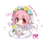  1girl blush bouquet bridal_veil bride chibi dress flower flower_on_head hair_flower hair_ornament headphones long_hair looking_at_viewer minoa_(lastswallow) nitroplus open_mouth pink_hair red_eyes smile solo super_sonico veil white_dress 