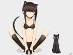  1girl animal_ears black_bra black_legwear black_panties blush_stickers bra brown_eyes brown_hair cat cat_ears cat_tail constricted_pupils eyebrows eyebrows_visible_through_hair full_body hands_on_own_feet highres jovejun kemonomimi_mode kneehighs looking_at_another navel open_mouth original panties shadow short_hair_with_long_locks sitting spread_legs tail thick_eyebrows underwear underwear_only yellow_sclera 