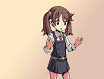  1girl adrian_ferrer belt brown_eyes brown_hair commentary gradient gradient_background hair_tie kantai_collection looking_down magatama ooshio_(kantai_collection)_(cosplay) open_hands open_mouth ryuujou_(kantai_collection) school_uniform solo twintails 