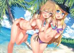  2girls absurdres bikini bismarck_(kantai_collection) blonde_hair blue_eyes blush breast_grab breasts grabbing grabbing_from_behind hat highres kantai_collection kawai_(purplrpouni) leaning_forward long_hair military_hat multiple_girls ocean one_eye_closed open_mouth palm_tree peaked_cap prinz_eugen_(kantai_collection) shore swimsuit tree 