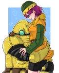  1girl 1other absurdres artist_name black_shorts blue_background blue_eyes blunt_bangs border breasts chrono_trigger dated glasses green_shirt helmet highres hug long_sleeves lucca_ashtear medium_breasts neckerchief orange_tunic parted_lips purple_hair robo_(chrono_trigger) robot shikiwo shirt short_hair shorts smile white_border yellow_neckerchief 