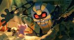  aipom bluekomadori budew cofagrigus egyptian hiding hieroglyphics highres no_humans pichu pokemon pokemon_(creature) rock scared scraggy sunlight 