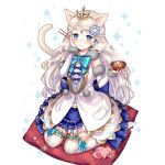  1girl animal_ears artist_request blue_eyes blush bowl braid breasts cat_ears cat_tail character_request chopsticks detached_sleeves food french_braid hair_ornament hand_on_own_cheek headdress holding long_hair mittens_removed official_art pillow sitting small_breasts solo sparkle tail thigh-highs transparent_background uchi_no_hime-sama_ga_ichiban_kawaii wariza white_hair white_legwear 