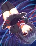  1girl ahoge arms_behind_back asymmetrical_wings black_dress black_hair black_legwear bow bowtie ddt_(darktrident) dress dutch_angle frilled_dress frilled_sleeves frills highres houjuu_nue looking_at_viewer night red_bow red_bowtie short_sleeves smile solo star star_(sky) starry_background thigh-highs touhou upside-down wings 