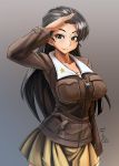  1girl abazu-red artist_name asymmetrical_bangs banda bangs brown_eyes brown_hair brown_jacket closed_mouth cowboy_shot girls_und_panzer grey_background highres long_hair long_sleeves looking_at_viewer military military_uniform miniskirt nishi_kinuyo pleated_skirt salute shirt signature simple_background skirt smile solo standing uniform white_shirt yellow_skirt 