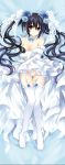  1girl black_hair choujigen_game_neptune covering covering_breasts dakimakura detached_collar dress elbow_gloves flower gloves hair_flower hair_ornament highres looking_at_viewer lying neptune_(series) noire panties red_eyes smile solo tsunako twintails underwear wedding_dress white_gloves white_legwear 