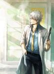  1boy acaco bespectacled cigarette gintama glasses hand_in_pocket labcoat looking_to_the_side male_focus necktie notebook sakata_gintoki silver_hair smoking solo 