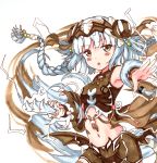  1girl bare_shoulders blush braid brown_eyes commentary_request hair_ornament haku_(p&amp;d) headpiece highres holding holding_weapon long_hair looking_at_viewer marker_(medium) miyabeeya navel puzzle_&amp;_dragons simple_background traditional_media very_long_hair weapon white_background 