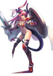  1girl armor bikini bikini_armor black_legwear cape claws dual_wielding elbow_gloves elizabeth_bathory_(brave)_(fate) fate/extra fate/extra_ccc fate/grand_order fate_(series) fingerless_gloves flat_chest gloves green_eyes groin highres horns lancer_(fate/extra_ccc) long_hair navel open_mouth outstretched_arms oversized_clothes pauldrons pink_hair pointy_ears shield shoes simple_background smile solo spiked_shoes spikes sunga2usagi swimsuit sword tail thigh-highs thigh_strap twintails two_side_up vambraces weapon white_background 