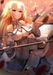  1girl armor armored_dress bare_shoulders bent_knees blonde_hair blue_eyes blurry breasts chain closed_mouth depth_of_field dutch_angle fate/grand_order fate_(series) flag flower gauntlets greaves headpiece long_hair medium_breasts red_rose rizky_(strated) rose ruler_(fate/apocrypha) smile solo thigh_gap 