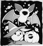  candy fangs hat ink_(medium) jack-o&#039;-lantern monochrome no_humans oddish open_mouth pokemon pokemon_(creature) smile star starry_background traditional_media witch_hat zombiedaisuke zubat 