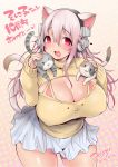  1girl animal animal_ears blush breasts cat cat_ears cat_tail cleavage cleavage_cutout headphones highres large_breasts long_hair looking_at_viewer moomoo-san nitroplus open-chest_sweater open_mouth pink_hair red_eyes smile solo super_sonico sweater tail 
