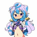  1boy blue_hair blush commentary_request gloves hacka_doll hacka_doll_3 kanikama long_hair lowres male_focus navel otoko_no_ko simple_background solo sweatdrop upper_body violet_eyes white_background white_gloves 