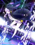  1girl animal_hood black_gloves bunny_hood cloak daburu dress fingerless_gloves gloves hair_ornament headphones hood hooded_cloak long_hair microphone one_leg_raised silver_hair solo twintails violet_eyes vocaloid yuzuki_yukari 