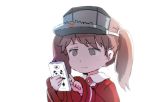  1girl brown_eyes brown_hair cellphone commentary_request expressionless gomennasai hair_tie holding holding_phone jacket japanese_clothes kariginu magatama panda_print phone red_jacket ryuujou_(kantai_collection) sketch sleeves_past_wrists smartphone solo twintails visor_cap white_background wide_sleeves younger 