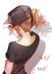  1girl absurdres baseball_cap black_shirt brown_eyes brown_hair from_behind hat highres kentia misaka_mikoto neck ponytail shadow shirt short_sleeves solo to_aru_kagaku_no_railgun to_aru_majutsu_no_index 